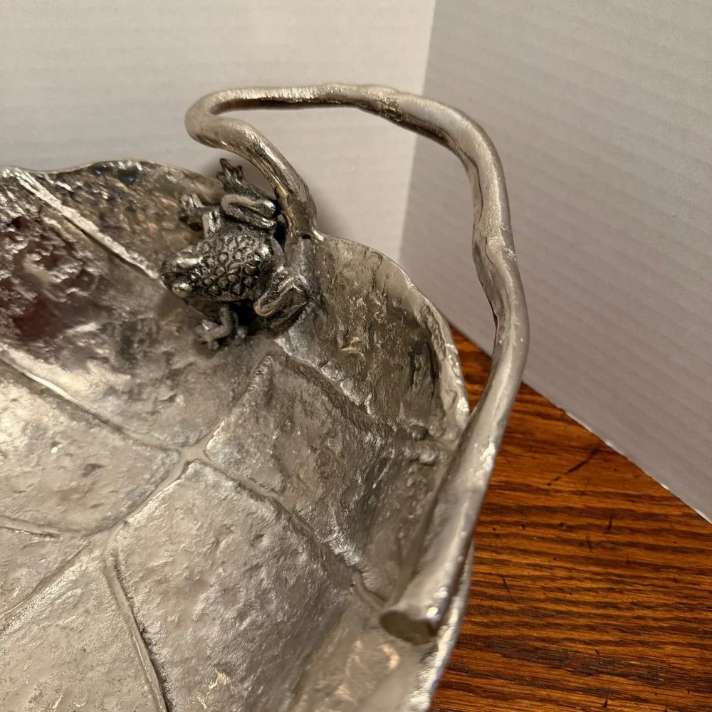 Aluminum Leaf Bowl Frog Flower Butterfly Nature Serving‎ Dish Silver Boho Decor